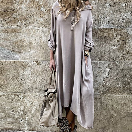 Damen komfortables Langarmkleid mit Knopfleiste und Seitentaschen EB