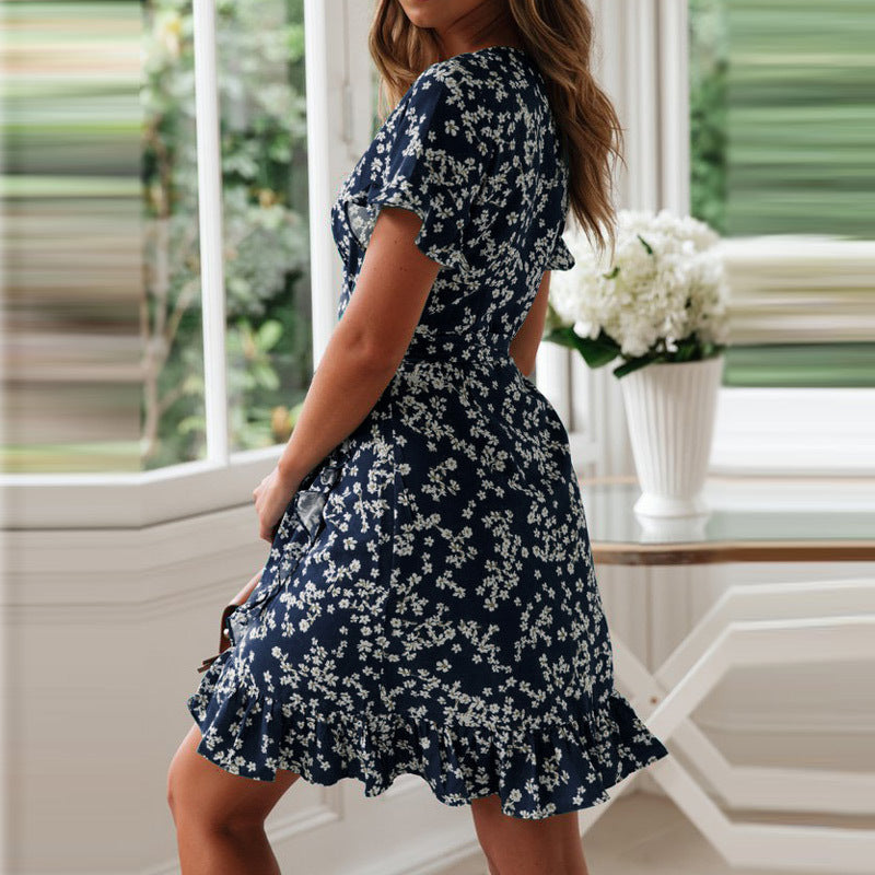 Damen luftiges Strandkleid mit Rüschensaum und floralem Muster EB