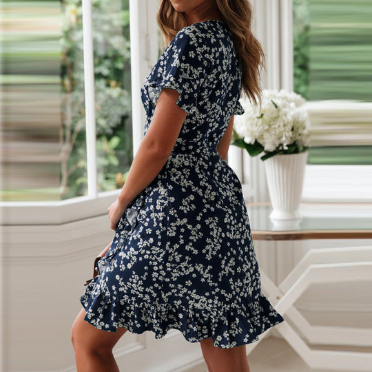 Damen luftiges Strandkleid mit Rüschensaum und floralem Muster EB