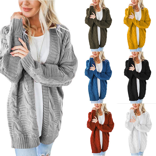 Damen nan langer oversize Strickcardigan mit Zopfmuster und V-Ausschnitt EB