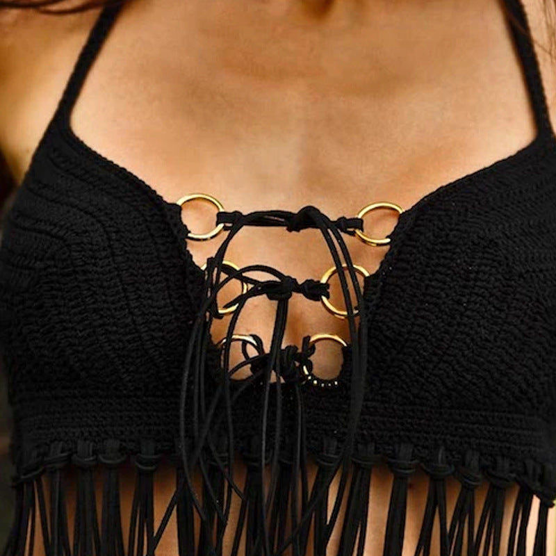 Damen Häkel-Bikini-Oberteil mit Fransen und dekorativen Ringen EB