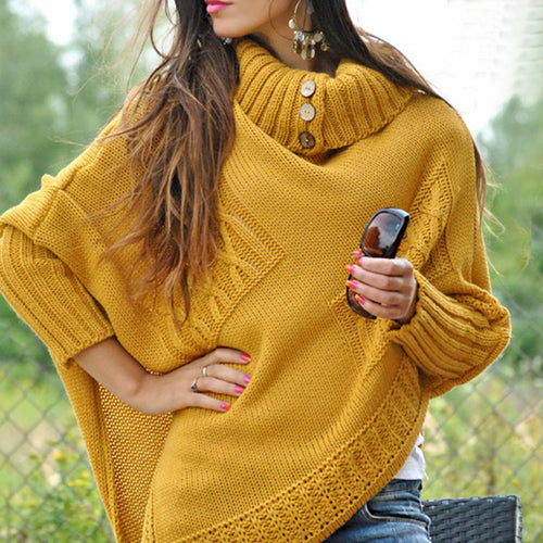 Damen modischer Strickpullover mit hohem Kragen und dekorativen Knöpfen EB