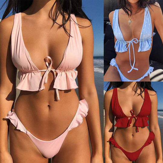 Damen Volant-Bikini-Set mit tiefem Ausschnitt EB