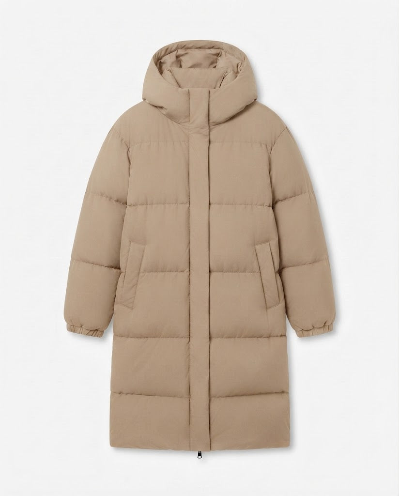 Damen nan ultrawattierter Longline-Puffer mit ergonomischer Kapuze, verdeckter Druckknopfblende und thermoregulierender Isolierung EB