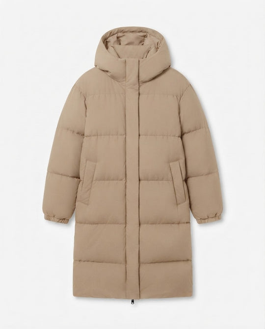Damen nan ultrawattierter Longline-Puffer mit ergonomischer Kapuze, verdeckter Druckknopfblende und thermoregulierender Isolierung EB