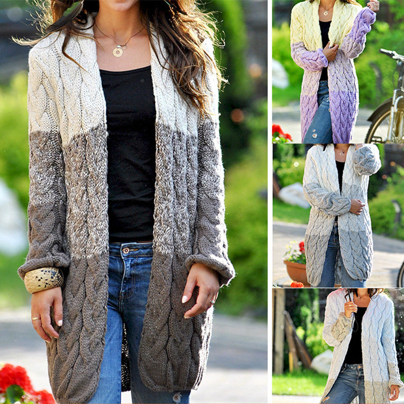 Damen lange Strickjacke mit strukturiertem Zopfmuster und lockerer Passform EB
