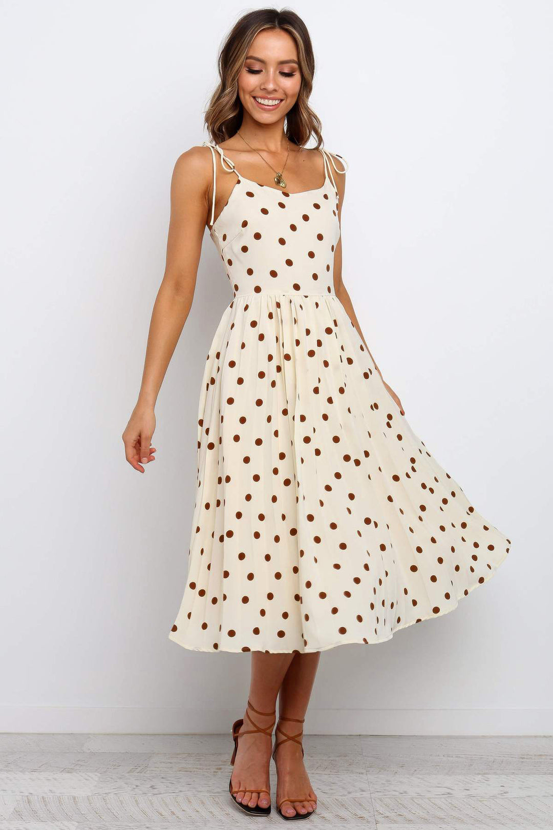 Damen Midikleid mit Spaghetti-Trägern und lässigem Punkte-Design EB