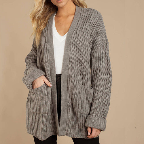 Damen Grob gestrickte Kuscheljacke mit tiefem V-Ausschnitt und lässigem Schnitt EB