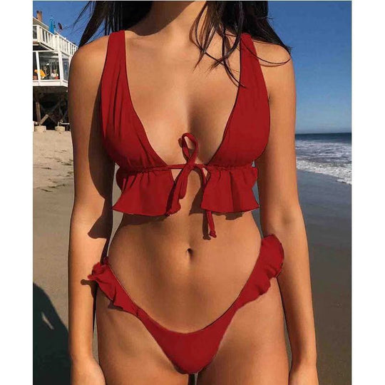 Damen Volant-Bikini-Set mit tiefem Ausschnitt EB