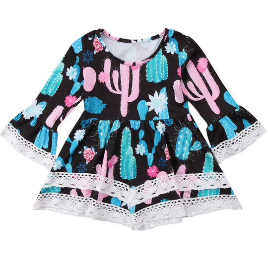 Damen Sommerliches Kleid mit kreativem Kaktus-Design und Spitzenakzenten EB