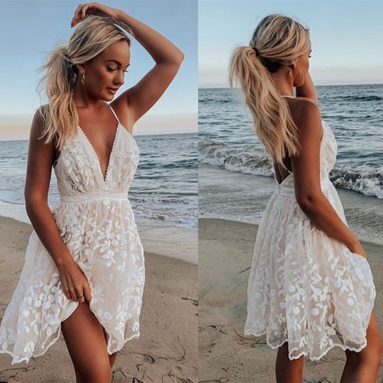 Damen Strandkleid mit floralem Spitzenmuster und tiefem V-Ausschnitt EB