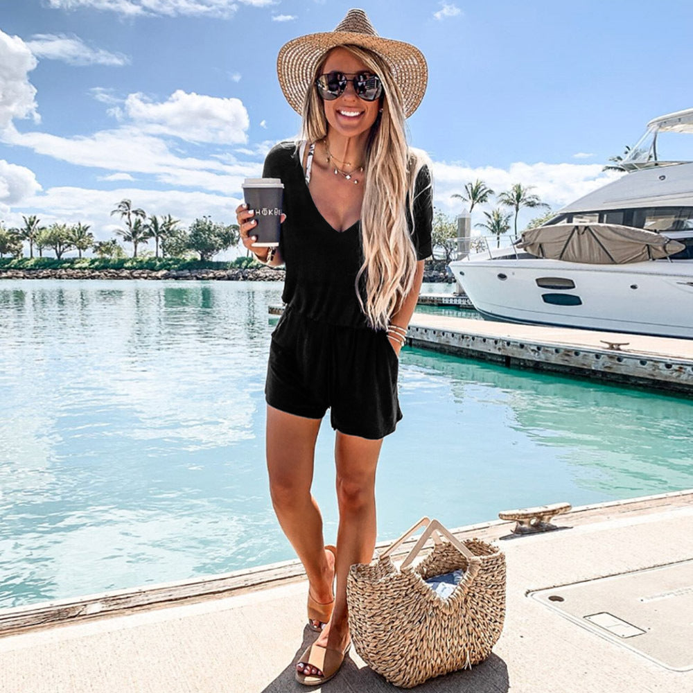 Damen bequemer Sommer-Jumpsuit mit V-Ausschnitt und elastischem Bund EB
