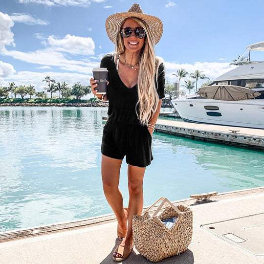 Damen bequemer Sommer-Jumpsuit mit V-Ausschnitt und elastischem Bund EB