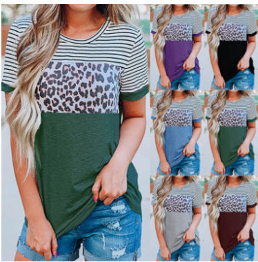 Damen Modisches T-Shirt mit Streifen- und Leoprint-Design EB