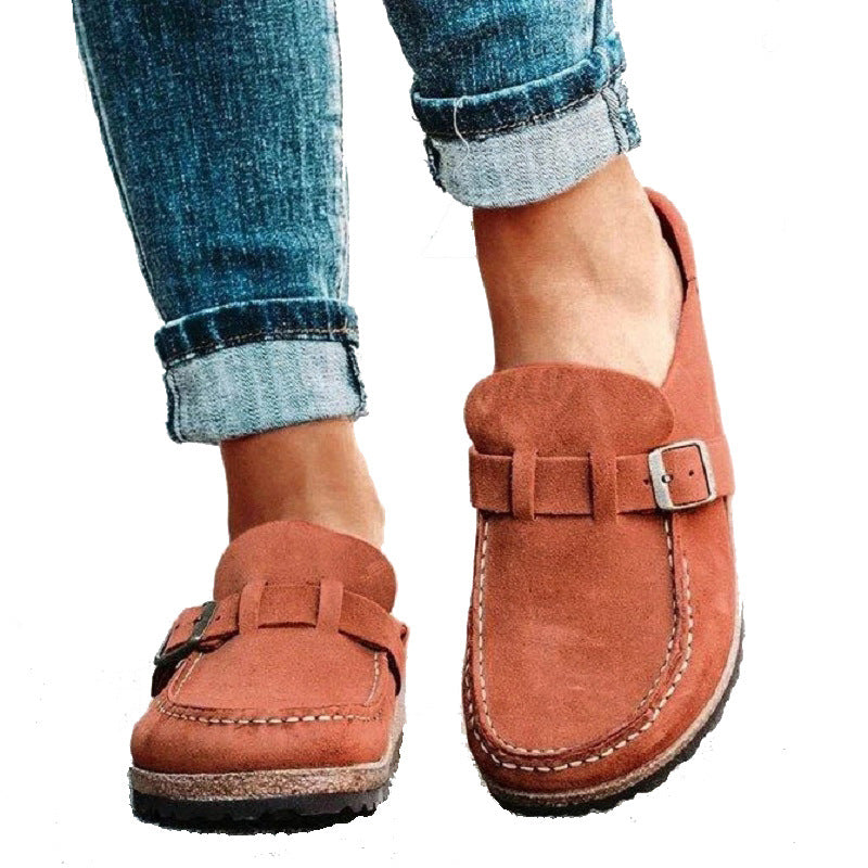 Damen nan lässige Velours-Mokassin-Mule mit verstellbarer Schnallenlasche und Kork-Zwischensohle EB