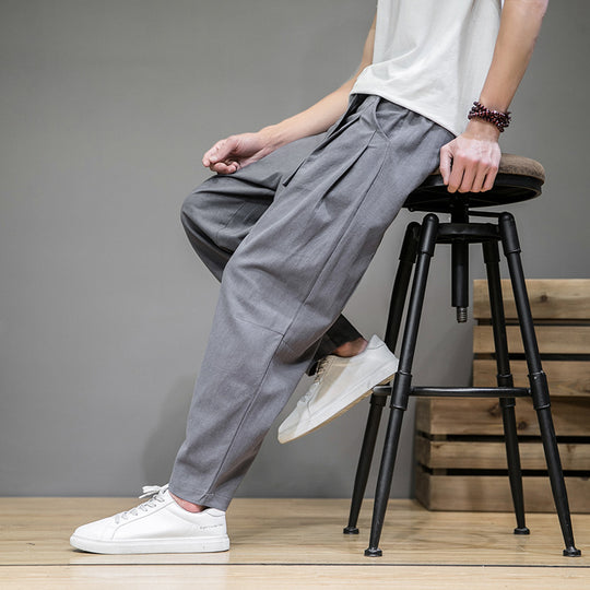 Herren nan lockere Leinenhose mit Kordelbund und tapered Bein EB