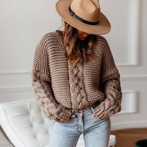 Damen Grober Strickpullover mit Zopfmuster EB