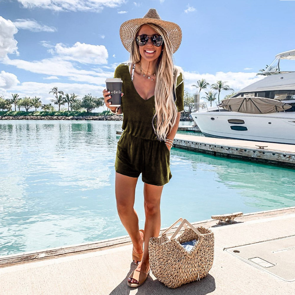 Damen bequemer Sommer-Jumpsuit mit V-Ausschnitt und elastischem Bund EB