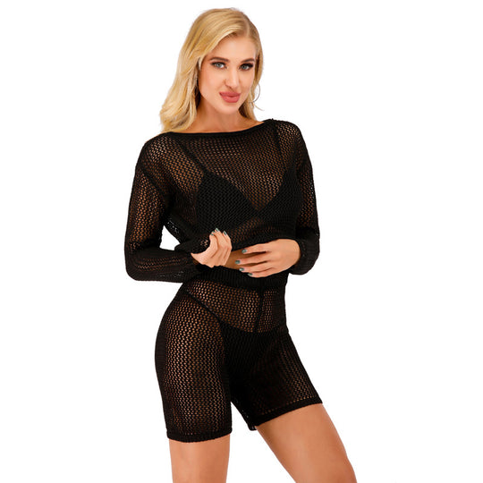 Damen trendiges Netzoberteil und kurze Hose Set EB