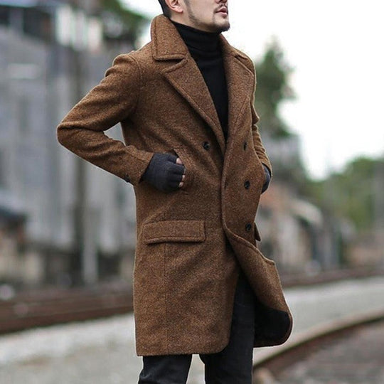 Herren eleganter Wollmantel mit doppeltem Knopfverschluss und praktischen Taschen EB