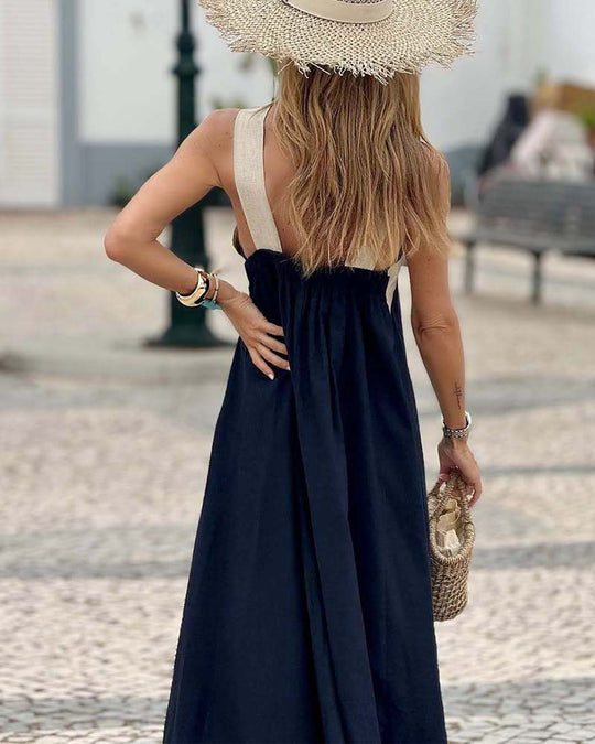 EB | Kreuzförmig Rückenfreies Elegantes Kleid mit Kontrastfarbe