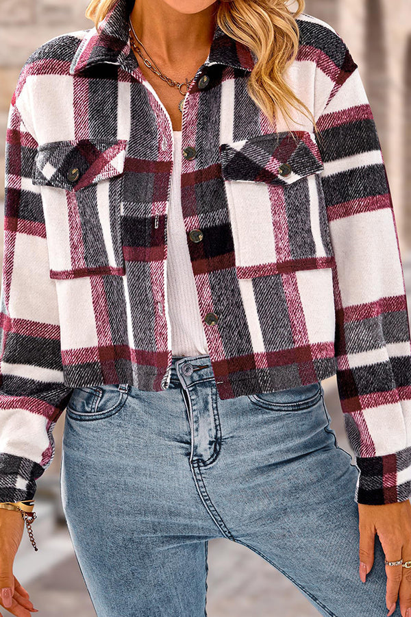 EB | Pocket Fashion Casual Cropped Damen Karierte Jacke