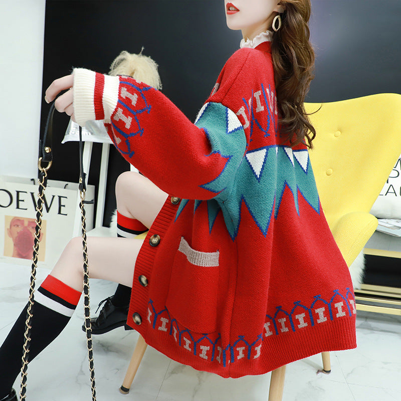 Damen Strickjacke mit farbenfrohem Design und großen Knöpfen EB