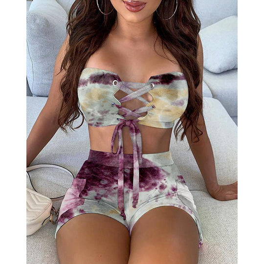 Damen Crop-Top und Shorts Set mit Schnürung und verspieltem Design EB