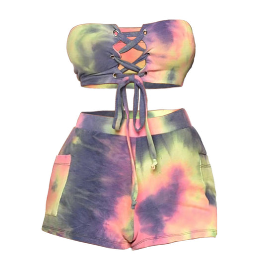 Damen Crop-Top und Shorts Set mit Schnürung und verspieltem Design EB