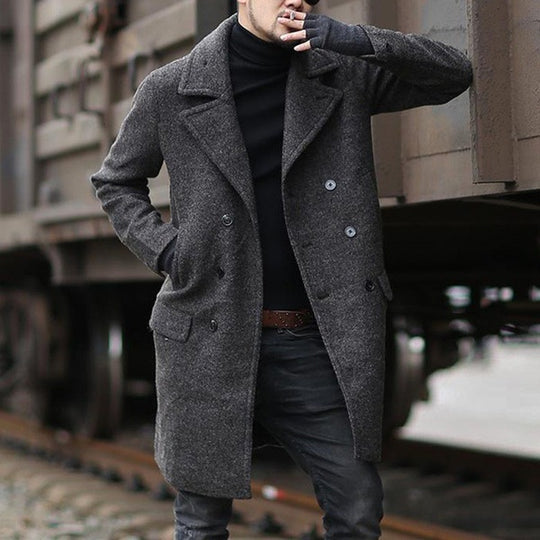 Herren stylischer Wollmantel mit doppelter Knopfreihe und breitem Revers EB