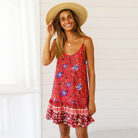 Damen Sommerkleid mit floralem Druck und schwingendem Saum EB