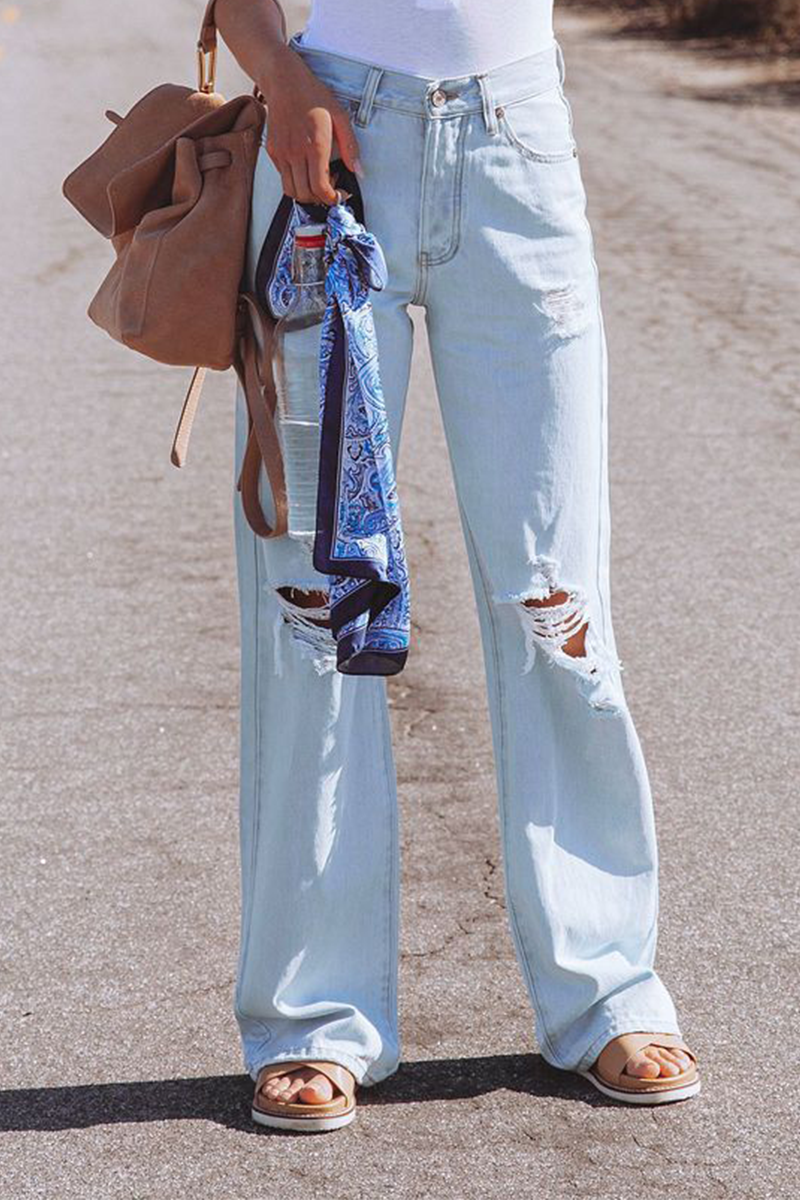 EB | Street Solid Ripped Make Old Straight Mid Taille Weit Bein Einfarbige Hosen - 3 Farben