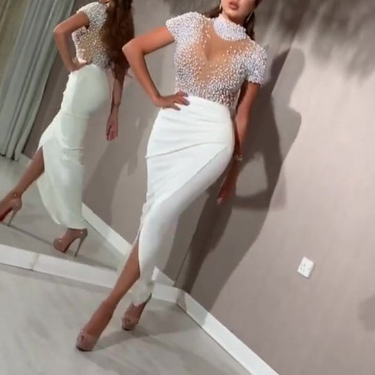 Damen elegantes Maxikleid mit transparentem Oberteil und schimmernden Perlen EB