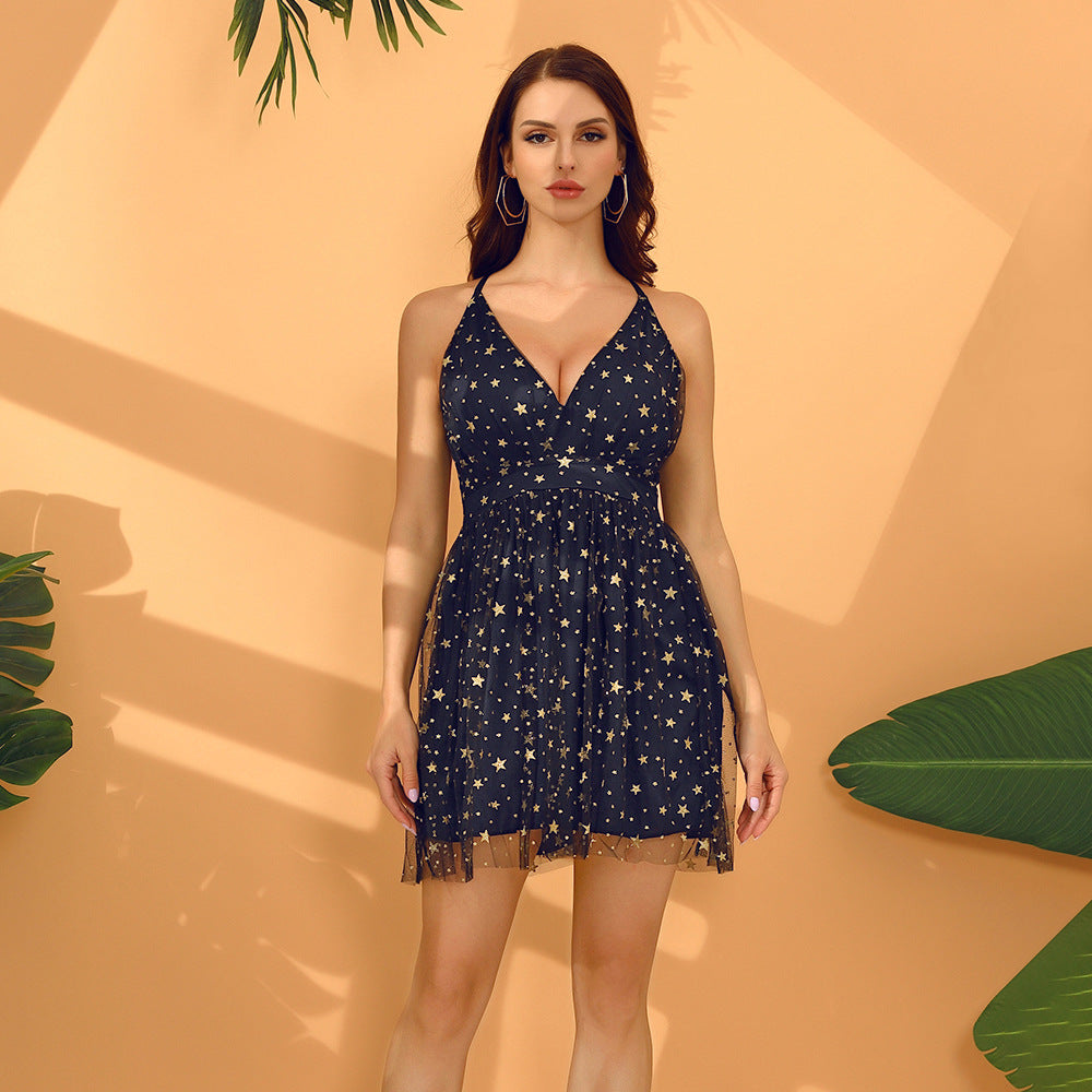 Damen Sommerliches Kleid mit tiefem V-Ausschnitt und filigranem Sternemuster EB