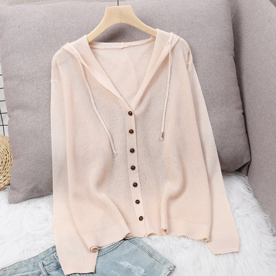 Damen Strickjacke mit Kapuze und eleganten Holzknöpfen EB