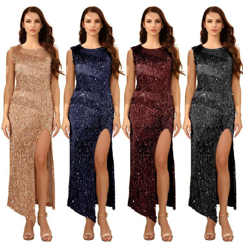 Damen Funkelndes Abendkleid mit hohem Schlitz und Paillettenbesatz EB
