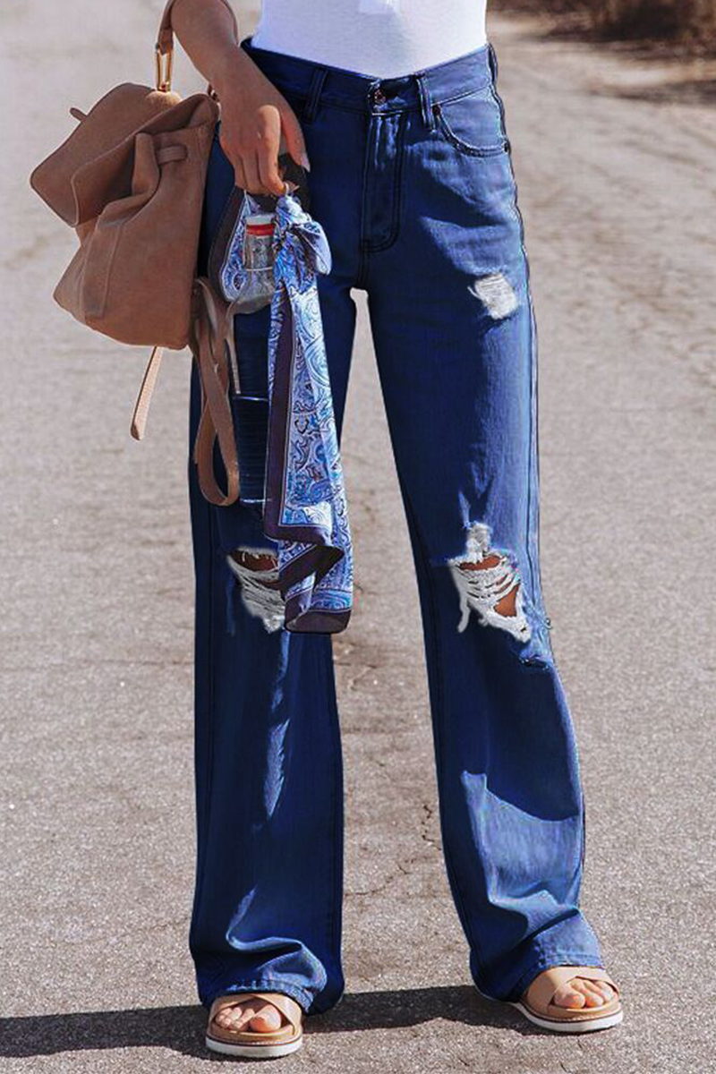 EB | Street Solid Ripped Make Old Straight Mid Taille Weit Bein Einfarbige Hosen - 3 Farben