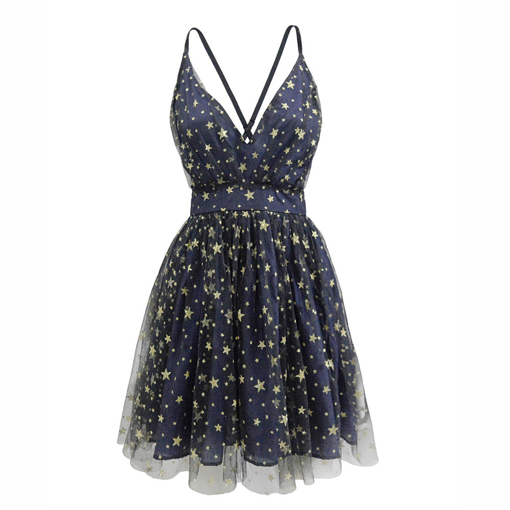 Damen Sommerliches Kleid mit tiefem V-Ausschnitt und filigranem Sternemuster EB