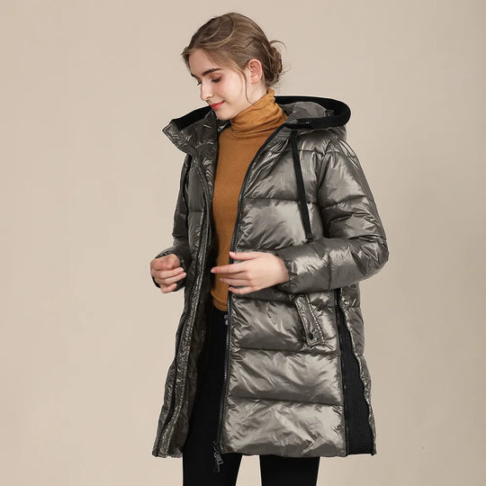 EB | glänzende, gestepptes Nylon-Winterdoudoune mit Kapuze für Damen