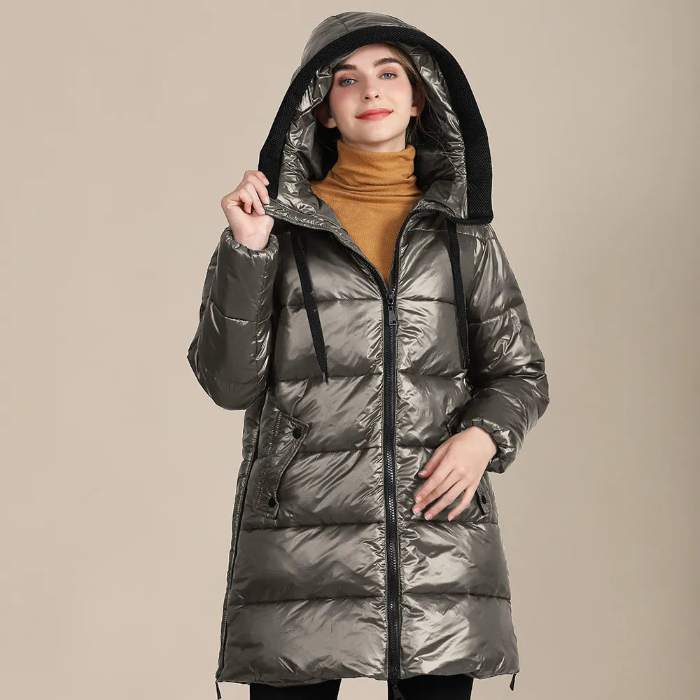 EB | glänzende, gestepptes Nylon-Winterdoudoune mit Kapuze für Damen