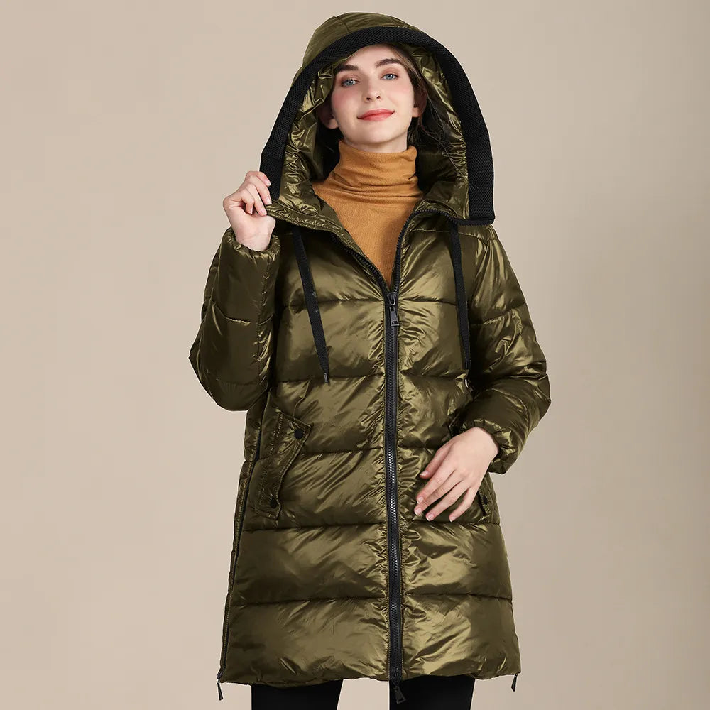 EB | glänzende, gestepptes Nylon-Winterdoudoune mit Kapuze für Damen