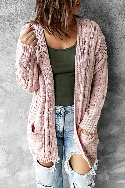 EB | Strickjacke - Lange offene Vorderseite - Kabelstrick mit Taschen
