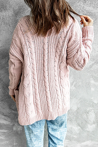 EB | Strickjacke - Lange offene Vorderseite - Kabelstrick mit Taschen