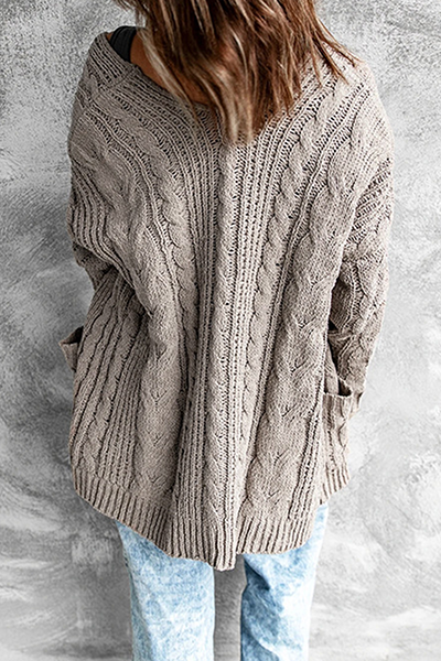 EB | Strickjacke - Lange offene Vorderseite - Kabelstrick mit Taschen