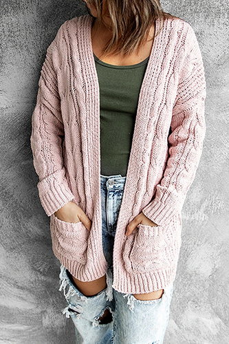 EB | Strickjacke - Lange offene Vorderseite - Kabelstrick mit Taschen