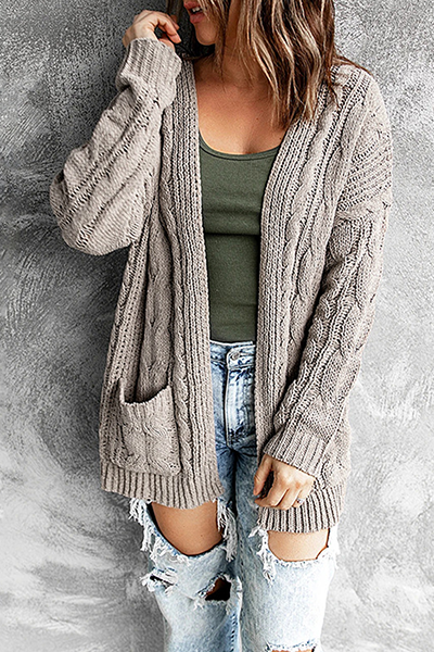 EB | Strickjacke - Lange offene Vorderseite - Kabelstrick mit Taschen