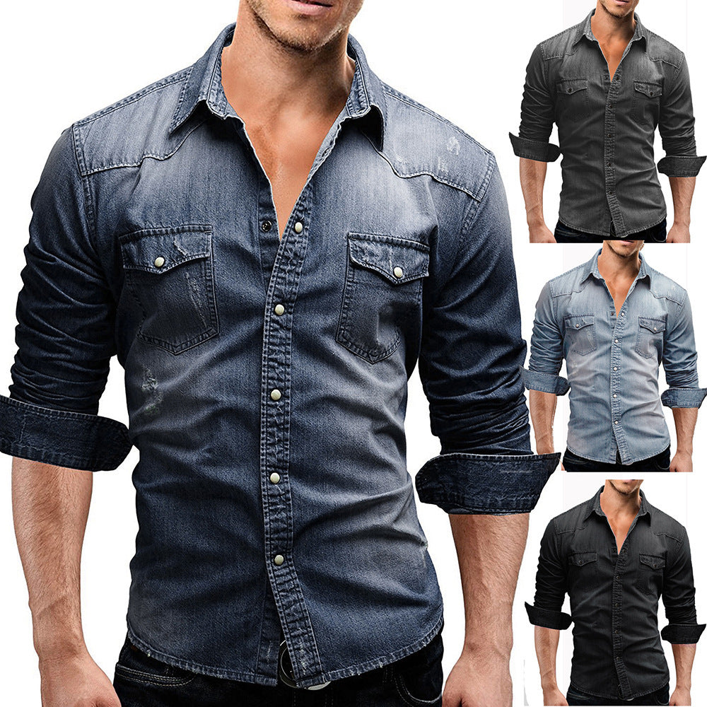 Herren nan locker geschnittenes Jeansstoff-Overshirt mit Pattentaschen und abgerundetem Saum EB