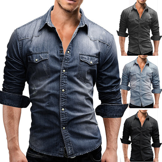 Herren nan locker geschnittenes Jeansstoff-Overshirt mit Pattentaschen und abgerundetem Saum EB
