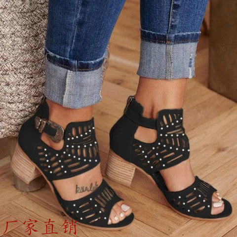 Damen Sandaletten mit modischem Cut-Out-Design und bequemer Blockabsatz-Sohle EB