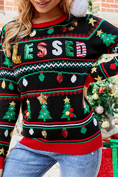 EB | Lässige Buchstaben Weihnachtsbaum Druck Pailletten Split Joint O Hals Tops